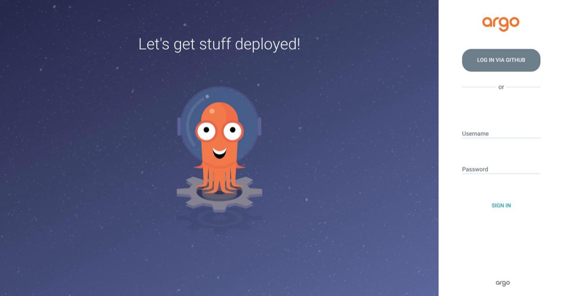 Pantalla de inicio de sesión de Argo CD con el botón «Log in via GitHub»