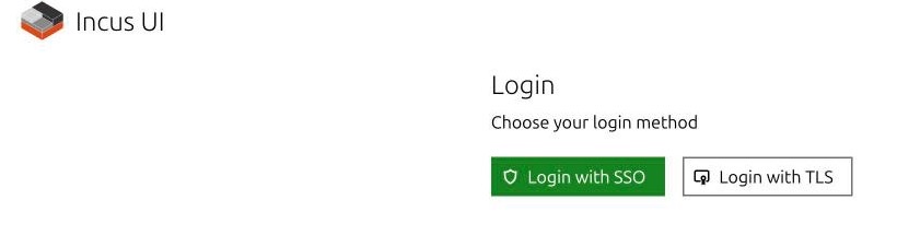 Pantalla de acceso de Incus UI con las opciones «Login with SSO» y «Login with TLS»